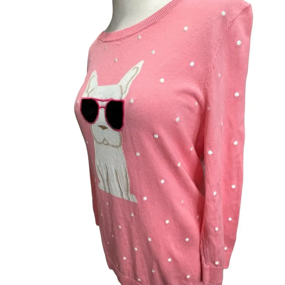 Talbots Sweater Womens M Pink Embroidered Novelty Dog Frenchie‎ Preppy Feminine